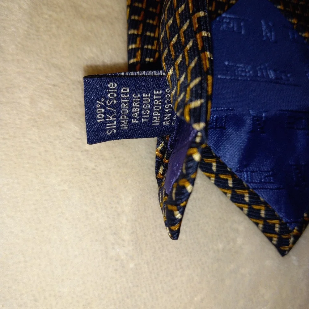 Nautical Navy Blue Yellow White Classic Tiny geometric pattern Tie 100% Silk